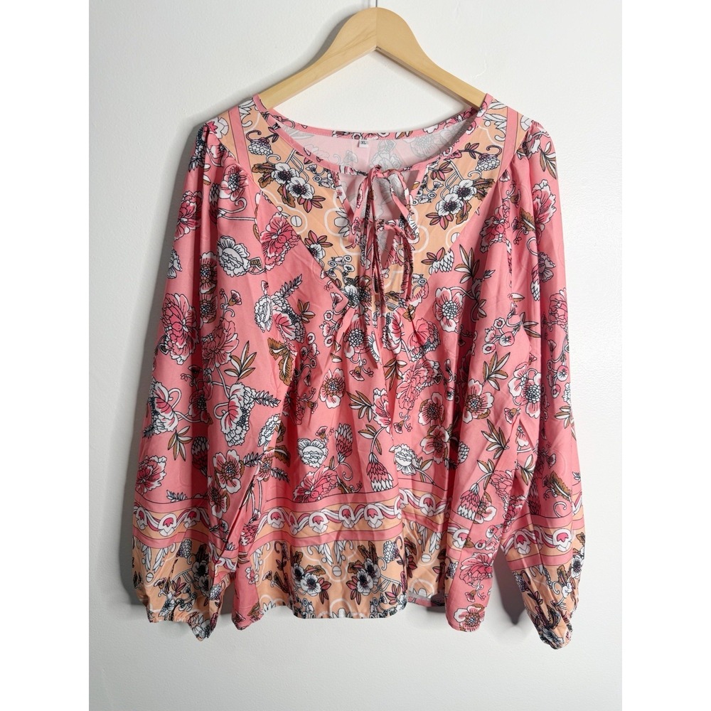 NEW Boho Floral Peasant Blouse Tie Neck Long Sleeve Coral Pink XL Flowy Spring - Picture 2 of 8